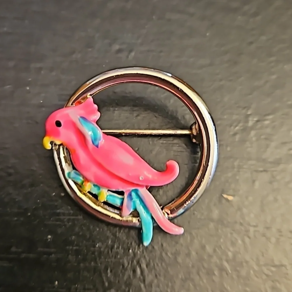 Vintage Enameled Parrot Brooch Pin Pink & Silver